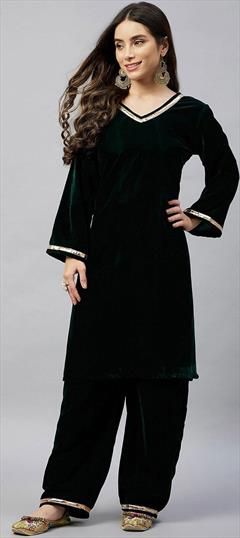 Party Wear Black and Grey color Tunic with Bottom in Velvet fabric with Gota Patti work : 1836639