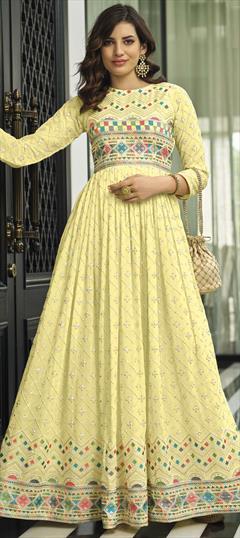 Party Wear Yellow color Salwar Kameez in Georgette fabric with Anarkali Embroidered, Resham, Sequence, Thread work : 1836640