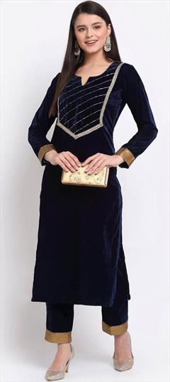 Party Wear Blue color Tunic with Bottom in Velvet fabric with Embroidered work : 1836641
