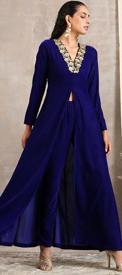 Party Wear Blue color Tunic with Bottom in Velvet fabric with Embroidered work : 1836643