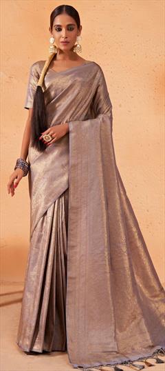 Reception, Traditional, Wedding Black and Grey color Saree in Kanjeevaram Silk, Silk fabric with South Weaving work : 1836661
