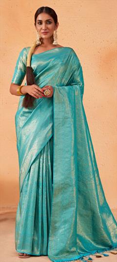 Reception, Traditional, Wedding Blue color Saree in Kanjeevaram Silk, Silk fabric with South Weaving work : 1836663