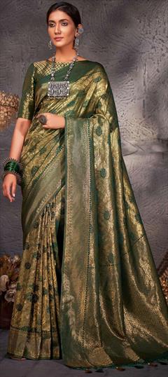 Bridal, Traditional, Wedding Green color Saree in Kanjeevaram Silk, Silk fabric with South Weaving work : 1836685