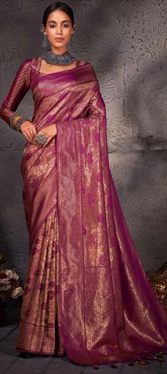 Bridal, Traditional, Wedding Pink and Majenta color Saree in Kanjeevaram Silk, Silk fabric with South Weaving work : 1836687