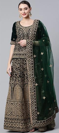 Bridal, Wedding Green color Long Lehenga Choli in Velvet fabric with Embroidered, Stone, Thread, Zari work : 1836777