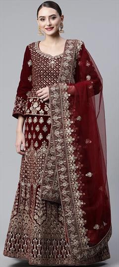 Bridal, Wedding Red and Maroon color Long Lehenga Choli in Velvet fabric with Embroidered, Stone, Thread, Zari work : 1836781
