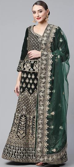 Bridal, Wedding Green color Long Lehenga Choli in Velvet fabric with Embroidered, Stone, Thread, Zari work : 1836783
