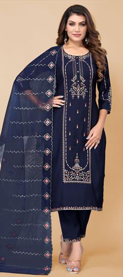 Festive, Party Wear Blue color Salwar Kameez in Rayon fabric with Straight Embroidered, Thread work : 1836828