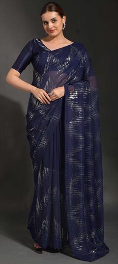 Festive, Party Wear, Reception Blue color Saree in Georgette fabric with Classic Embroidered, Sequence, Thread work : 1837001