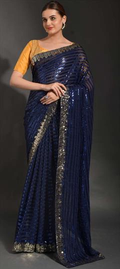 Festive, Party Wear, Reception Blue color Saree in Georgette fabric with Classic Embroidered, Sequence, Thread work : 1837004