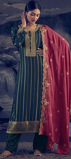 Mehendi Sangeet, Party Wear, Reception Blue color Salwar Kameez in Dolla Silk fabric with Straight Sequence, Weaving, Zari work : 1837060