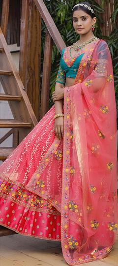 Bridal, Reception, Wedding Pink and Majenta color Lehenga in Art Silk, Net fabric with A Line Embroidered, Resham, Stone, Thread work : 1837091