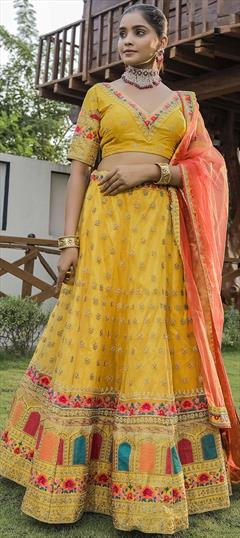 Bridal, Reception, Wedding Yellow color Lehenga in Art Silk, Net fabric with A Line Embroidered, Resham, Stone, Thread work : 1837096