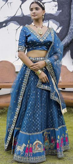 Bridal, Reception, Wedding Blue color Lehenga in Art Silk, Net fabric with A Line Embroidered, Resham, Stone, Thread work : 1837098
