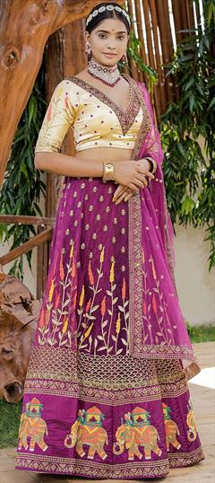 Bridal, Reception, Wedding Pink and Majenta color Lehenga in Art Silk, Net fabric with A Line Embroidered, Resham, Stone, Thread work : 1837102
