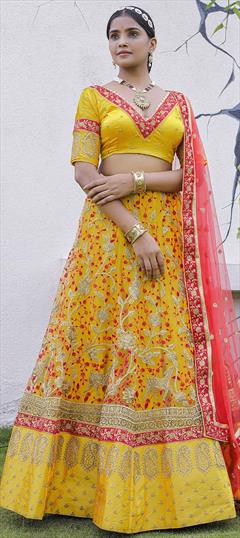Bridal, Reception, Wedding Yellow color Lehenga in Art Silk, Net fabric with A Line Embroidered, Resham, Stone, Thread work : 1837105