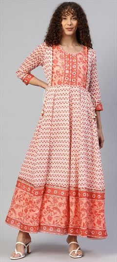 Party Wear Pink and Majenta, White and Off White color Kurti in Malmal fabric with Anarkali, Long Sleeve Floral, Printed, Sequence, Thread work : 1837108