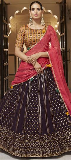 Bridal, Wedding Purple and Violet color Lehenga in Georgette fabric with A Line Embroidered, Sequence, Thread work : 1837116