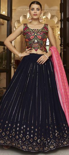 Bridal, Wedding Blue color Lehenga in Georgette fabric with A Line Embroidered, Sequence, Thread work : 1837123