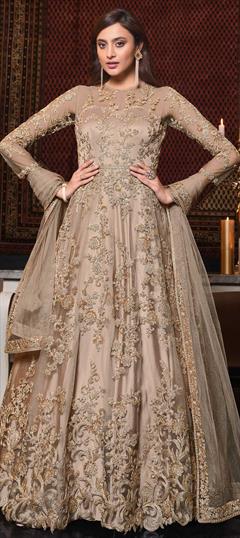 Mehendi Sangeet, Party Wear, Reception Beige and Brown color Salwar Kameez in Net fabric with Anarkali Embroidered, Thread, Zari work : 1837151