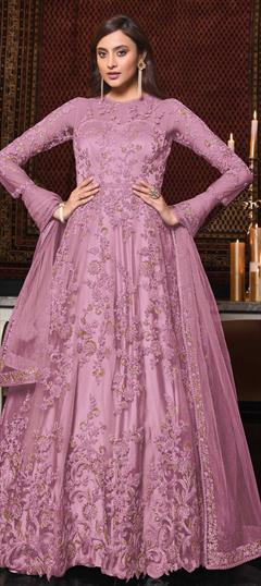 Mehendi Sangeet, Party Wear, Reception Pink and Majenta color Salwar Kameez in Net fabric with Anarkali Embroidered, Thread, Zari work : 1837153