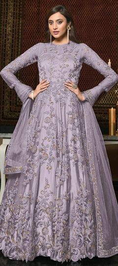 Mehendi Sangeet, Party Wear, Reception Purple and Violet color Salwar Kameez in Net fabric with Anarkali Embroidered, Thread, Zari work : 1837154