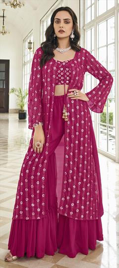 Party Wear Pink and Majenta color Tunic with Bottom in Faux Georgette fabric with Sharara Embroidered, Sequence, Thread work : 1837277
