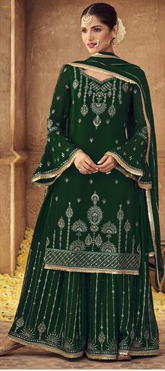 Festive, Party Wear Green color Salwar Kameez in Faux Georgette fabric with Palazzo Embroidered, Resham, Thread work : 1837296
