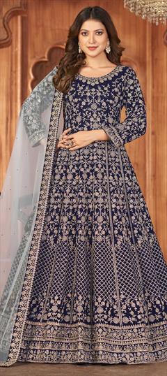 Party Wear, Reception Blue color Salwar Kameez in Velvet fabric with Anarkali Embroidered, Thread, Zari work : 1837364