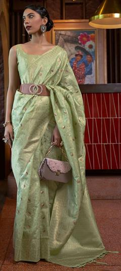 Traditional Green color Saree in Handloom fabric with Bengali, South Weaving work : 1837422