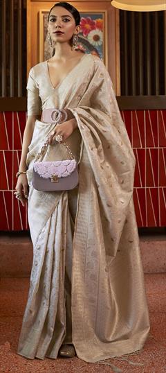 Traditional Beige and Brown color Saree in Handloom fabric with Bengali, South Weaving work : 1837425