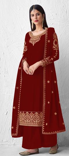 Engagement, Festive, Reception Red and Maroon color Salwar Kameez in Georgette fabric with Palazzo Embroidered, Stone, Thread, Zari work : 1837487
