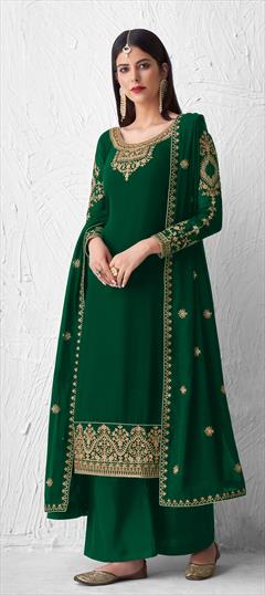 Engagement, Festive, Reception Green color Salwar Kameez in Georgette fabric with Palazzo Embroidered, Stone, Thread, Zari work : 1837488