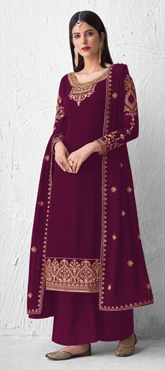 Engagement, Festive, Reception Purple and Violet color Salwar Kameez in Georgette fabric with Palazzo Embroidered, Stone, Thread, Zari work : 1837489