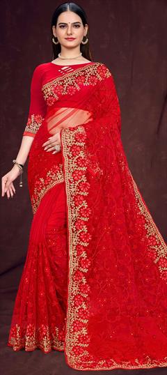 Party Wear, Reception Red and Maroon color Saree in Net fabric with Classic Embroidered, Resham, Stone, Thread, Zari work : 1837552