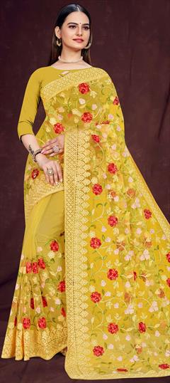 Party Wear, Reception Yellow color Saree in Net fabric with Classic Embroidered, Resham, Stone, Thread, Zari work : 1837553