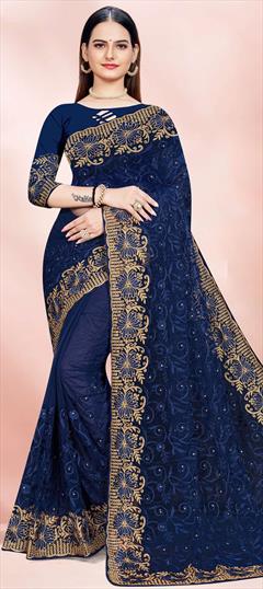 Party Wear, Reception Blue color Saree in Net fabric with Classic Embroidered, Resham, Stone, Thread, Zari work : 1837554