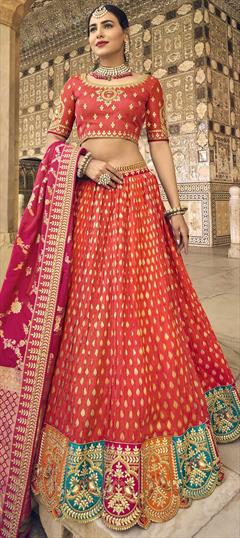 Bridal, Mehendi Sangeet, Reception, Wedding Orange color Lehenga in Silk fabric with Classic Gota Patti, Weaving, Zari work : 1837558