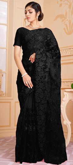 Mehendi Sangeet, Party Wear, Reception Black and Grey color Saree in Net fabric with Classic Embroidered, Resham, Thread work : 1837707