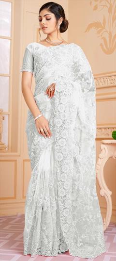 Mehendi Sangeet, Party Wear, Reception White and Off White color Saree in Net fabric with Classic Embroidered, Resham, Thread work : 1837709