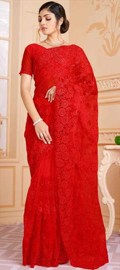 Mehendi Sangeet, Party Wear, Reception Red and Maroon color Saree in Net fabric with Classic Embroidered, Resham, Thread work : 1837710