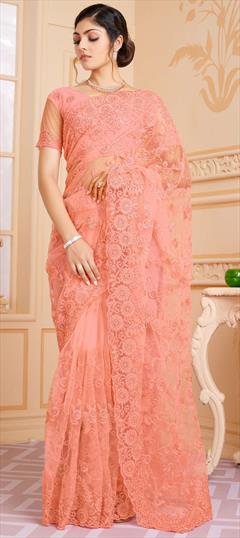 Mehendi Sangeet, Party Wear, Reception Pink and Majenta color Saree in Net fabric with Classic Embroidered, Resham, Thread work : 1837715