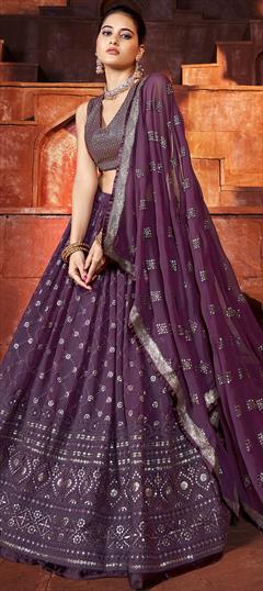 Mehendi Sangeet, Party Wear, Reception Purple and Violet color Lehenga in Georgette fabric with A Line Embroidered, Sequence, Thread work : 1837764