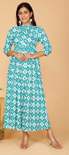 Casual Blue color Kurti in Rayon fabric with Anarkali, Long Sleeve Printed work : 1837925