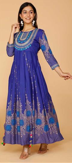 Casual Blue color Kurti in Rayon fabric with Anarkali, Long Sleeve Printed work : 1837932