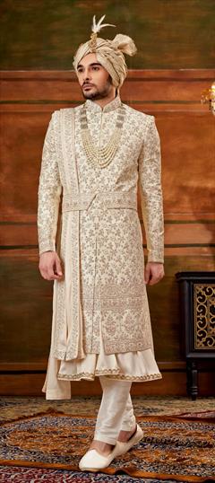 Beige and Brown color Sherwani in Silk fabric with Cut Dana, Embroidered, Moti, Thread work : 1837940