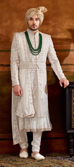 White and Off White color Sherwani in Art Silk fabric with Bugle Beads, Embroidered, Sequence, Stone work : 1837946