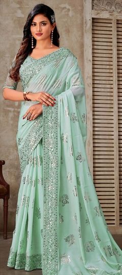 Engagement, Reception, Wedding Blue color Saree in Georgette fabric with Classic Embroidered, Resham, Sequence work : 1838060