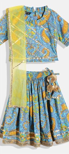 Festive, Party Wear Blue color Kids Lehenga in Cotton, Net fabric with Gota Patti, Printed work : 1838116