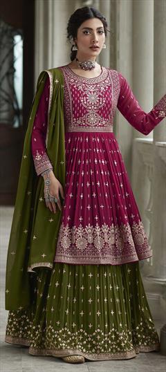 Engagement, Mehendi Sangeet, Reception Pink and Majenta color Long Lehenga Choli in Georgette fabric with Embroidered, Sequence, Thread work : 1838206